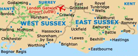 Map of East and West Sussex County, United Kingdom