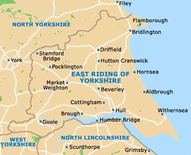 Map of The East Riding of Yorkshire County, United Kingdom